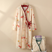 全棉家居服2025年新款 复古风新中式 文艺风纯棉纱布睡裙女秋冬季