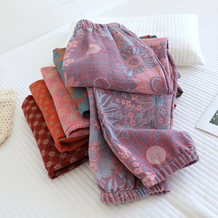 双层色织纯棉纱布睡裤 全棉长裤 收口家居裤 女复古国风提花春秋薄款