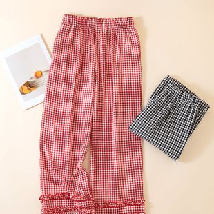 格子花边睡裤女长裤纯棉纱布春秋夏季宽松可外穿家居睡衣裤子单件