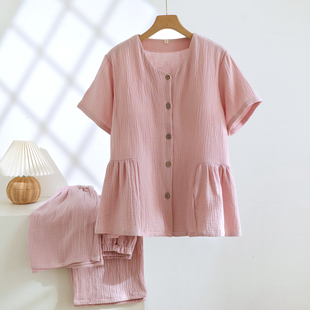 睡衣女三件套夏季 套装 薄款 长裤 家居服 纯色全棉短裤 带胸垫纯棉短袖