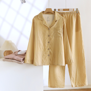 家居服套装 纯棉纱布情侣睡衣女简约格子翻领男士 薄款 长袖 春秋夏季