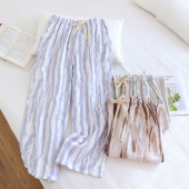 全棉宽松家居裤 双层纯棉纱布睡裤 简约条纹直筒九分裤 薄款 女春夏季