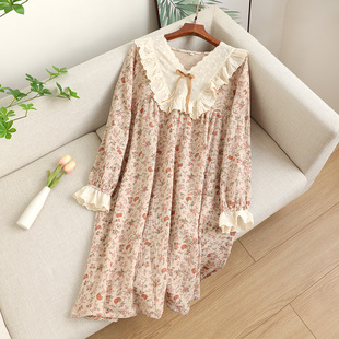 全棉家居服宽松孕妇睡衣花边领日系碎花 长袖 纯棉睡裙夏季 女春秋款