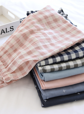 情侣睡裤女长裤纯棉纱布春秋夏季薄款日系格子家居裤宽松居家男士