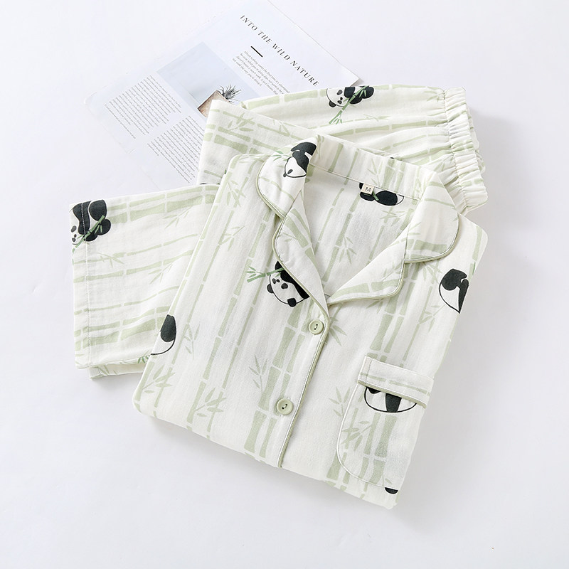 卡通熊猫全棉双层纱布女士睡衣