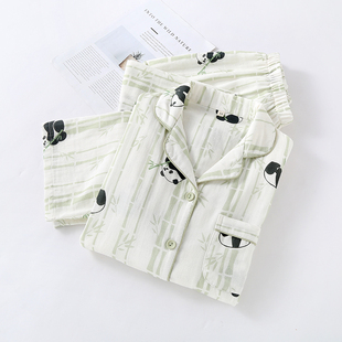 全棉双层纱布卡通熊猫睡衣女士长袖家居服套装纯棉春秋薄款居家夏