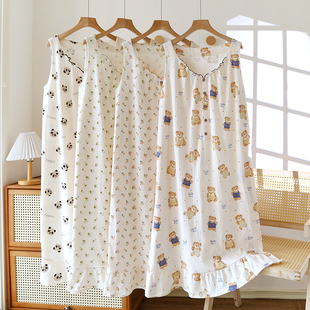 卡通睡裙女款夏季薄款吊带无袖双层纯棉纱布睡衣连衣裙学生甜美