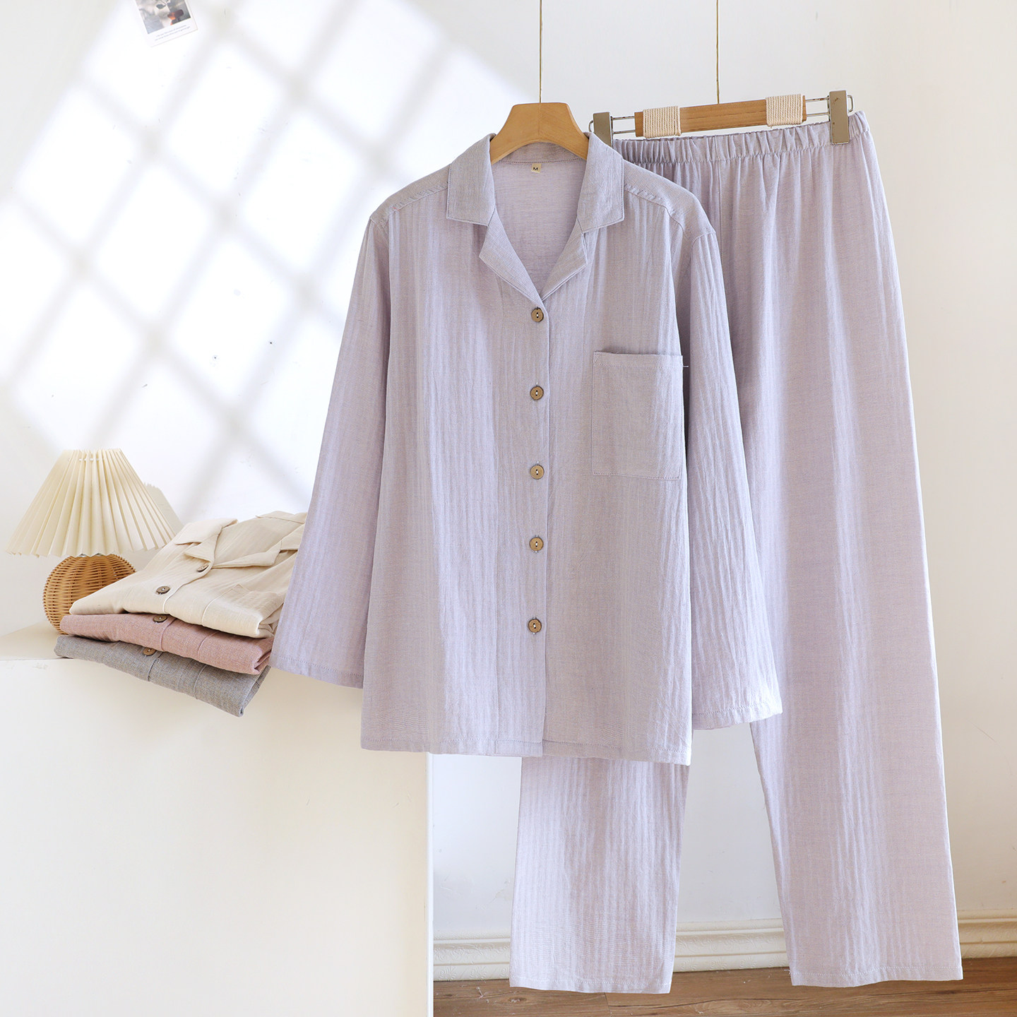 简约纯色情侣睡衣女棉麻男士2026春秋薄款套装翻领长袖宽松家居服