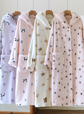 连帽法兰绒睡袍浴袍睡裙女秋冬季可爱卡通长款珊瑚绒加绒加厚睡衣