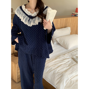 复古公主风蕾丝森系波点睡衣女纯棉纱春款长袖宽松睡衣睡裙家居服