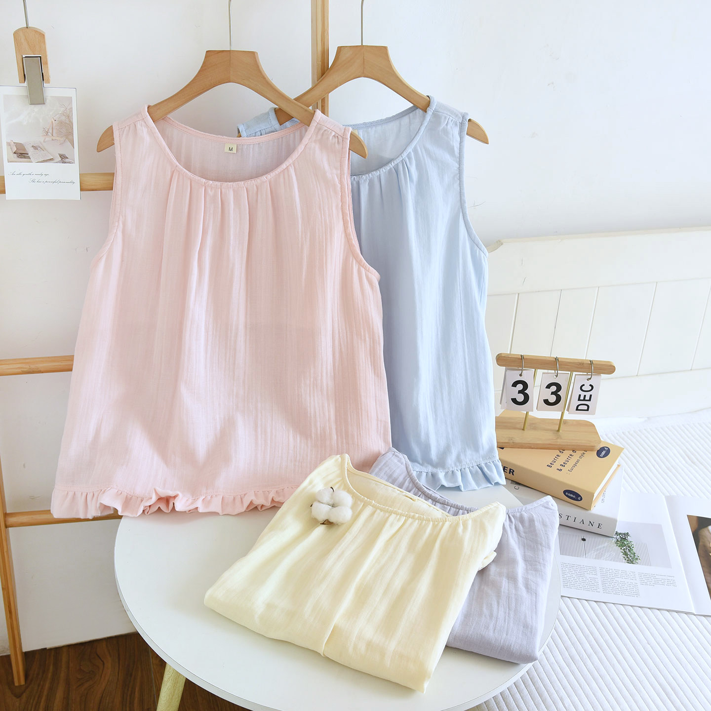 清新纯色无袖睡衣单上衣背心女纯棉纱布夏季薄款圆领宽松家居服