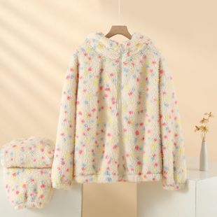 彩色点点珊瑚绒睡衣女秋冬季 加厚套头连帽法兰绒保暖家居服套装