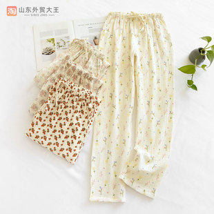 印花纯棉绉布睡裤女长裤春秋夏季全棉纱布薄款宽松家居裤可外穿