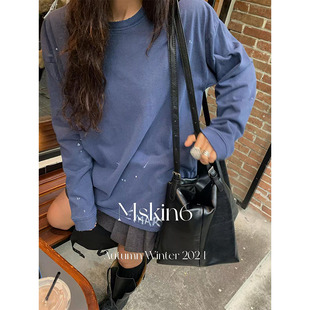 Mskin6秋冬季 長袖 T恤女個性 寬松百搭上衣 潮流字母印花街頭風大版