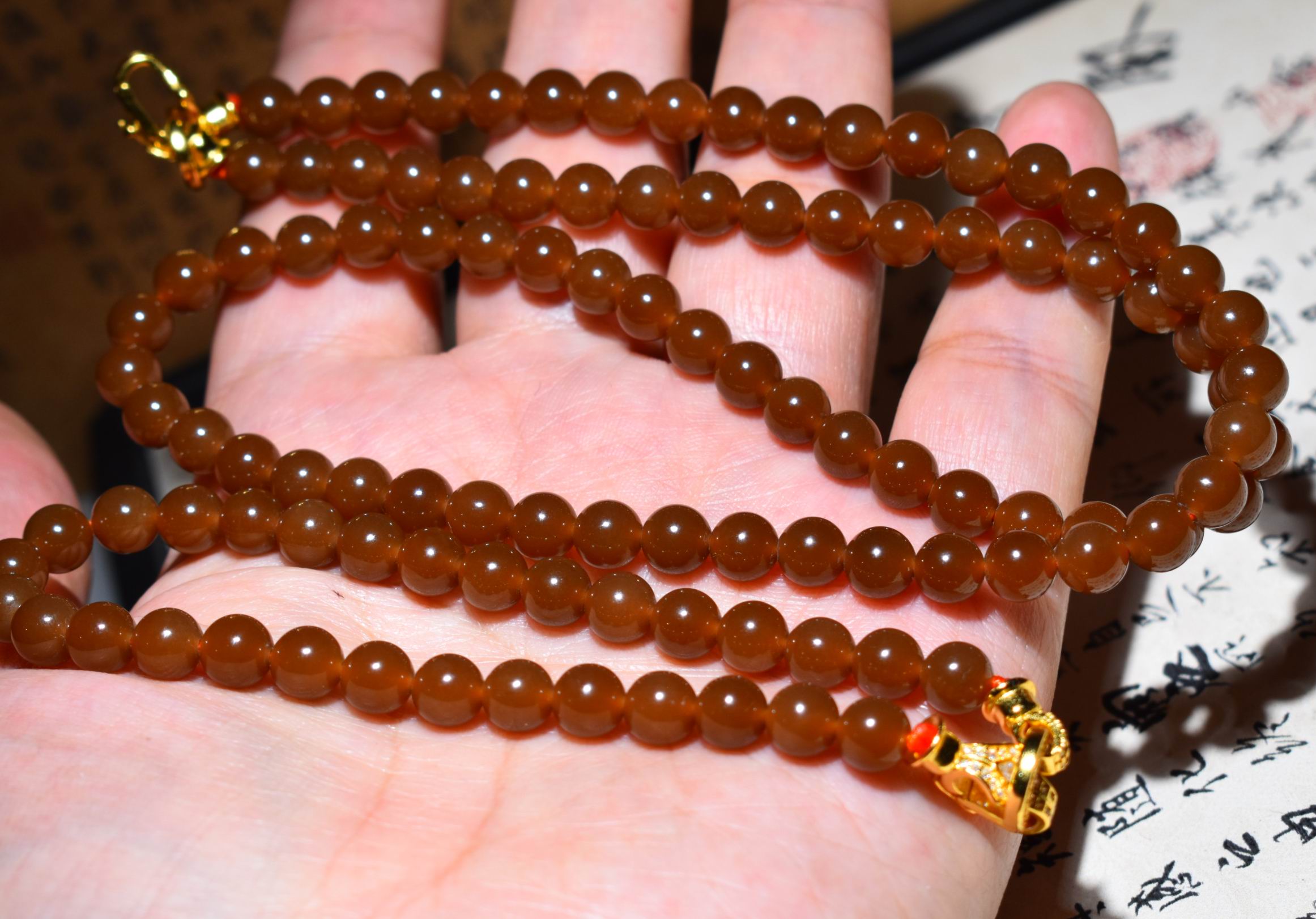 新疆的猫JJ111915  27.1+11.4克6mm且末老红糖圆珠项链+手链