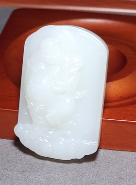L010806新疆的猫44.7克玉质温润青海野牛沟羊脂白弥勒佛牌和田玉