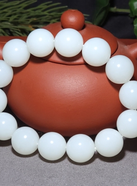 L012206 新疆的猫86.8克直径16mm三高黑皮俄料羊脂白玉大圆珠手链