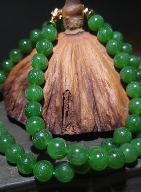 YQ010707 直径9.5mm74.5克色调鲜靓珠子圆润菠菜绿碧玉佛珠项链