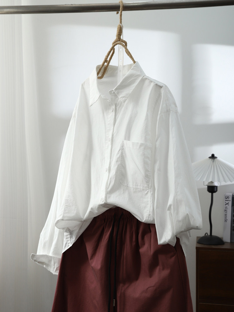 琴川谷秋新款纯色长袖衬衫女拼接韩版polo领纯棉宽松显瘦百搭上衣