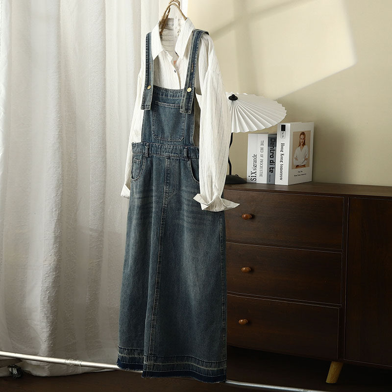 琴川谷做旧毛边中长款牛仔背带裙休闲风宽松百搭背心裙春夏女裙子
