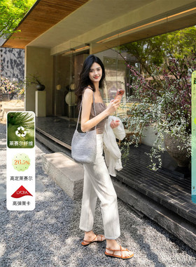 莱赛尔高弹面料~米白色高腰牛仔裤女遮肉显瘦拼接九分直筒烟管裤