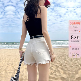 强力显腿长~两粒扣高腰毛边牛仔短裤女夏白色显瘦A字包臀薄款热裤