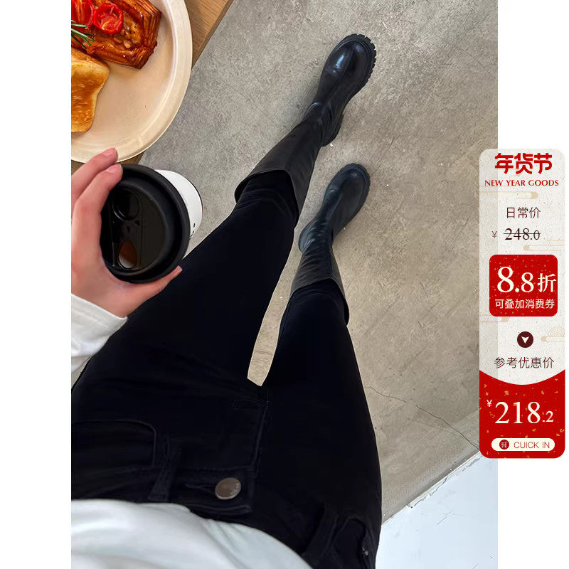 实力显瘦纯黑色靴裤高腰铅笔加绒牛仔裤女秋冬修身显瘦九分小脚裤