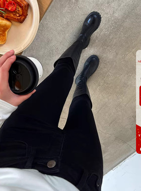 实力显瘦纯黑色靴裤高腰铅笔加绒牛仔裤女秋冬修身显瘦九分小脚裤