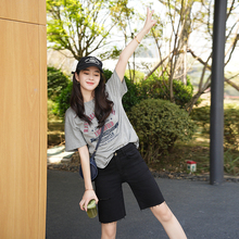 侧开叉~高弹力毛边破洞高腰牛仔短裤女夏季薄款显瘦百搭五分中裤