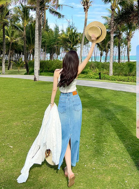 定制面料~后开叉高腰牛仔裙女春夏新款蓝色包臀显瘦A字中长裙子
