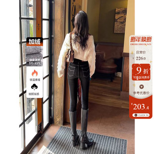 显瘦提臀保暖九分铅笔裤 女黑灰色修身 加绒高腰小脚牛仔裤 2025冬季