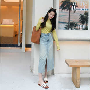 牛仔中长款半身裙春夏新款女装高腰复古蓝色弹力A字牛仔裙前开叉