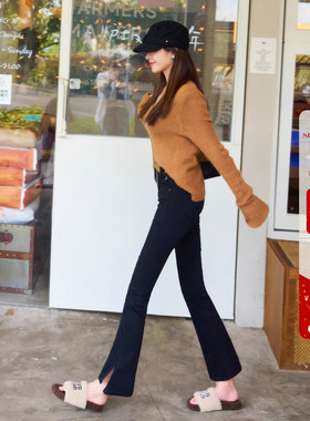 C位腿精 侧开叉~高腰微喇牛仔裤女秋冬纯黑色修身显瘦九分喇叭裤