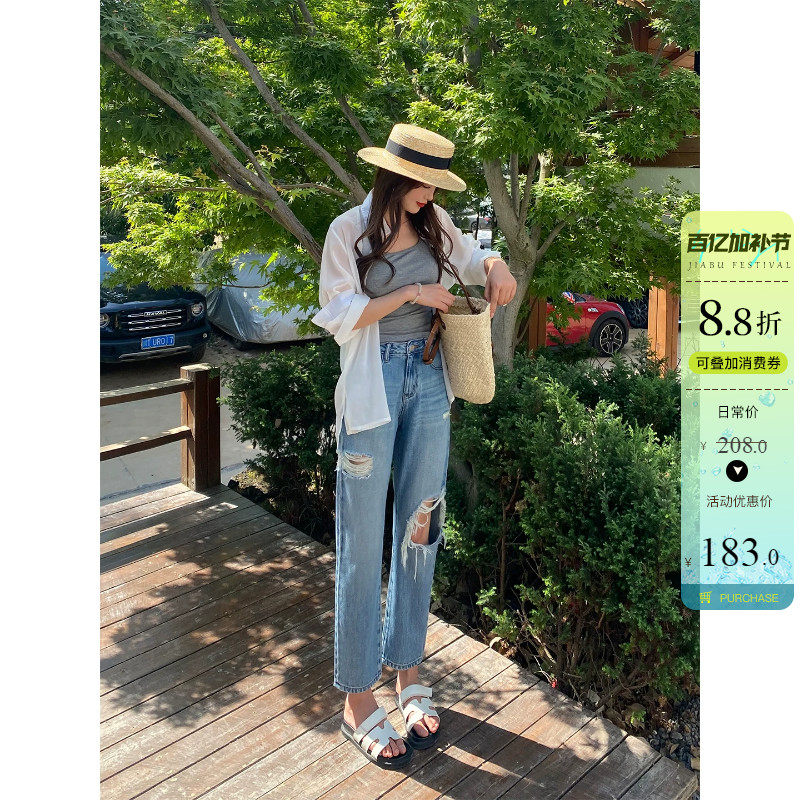 春夏新款大破洞高腰直筒牛仔裤女蓝色百搭显瘦九分宽松遮肉法棍裤