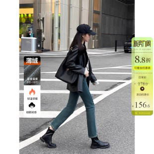 加绒保暖复古蓝直筒牛仔裤女冬季拼色显瘦薄绒小个子九分烟管裤