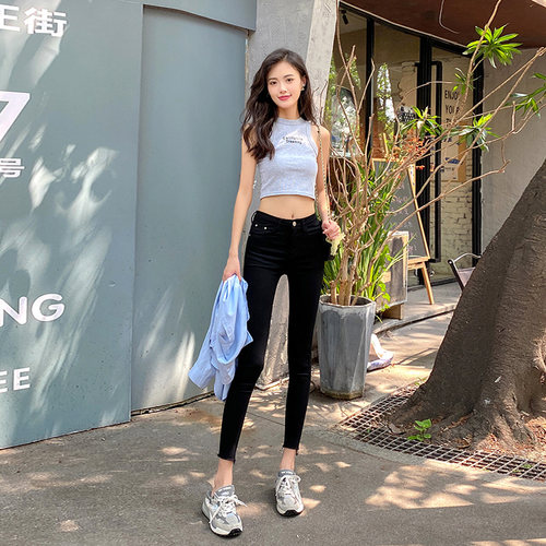 巨显瘦~黑色高腰弹力小脚裤