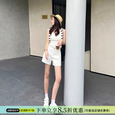 大长腿既视感~夏季高腰牛仔短裤女米白色显瘦A字拼接百搭辣妹热裤