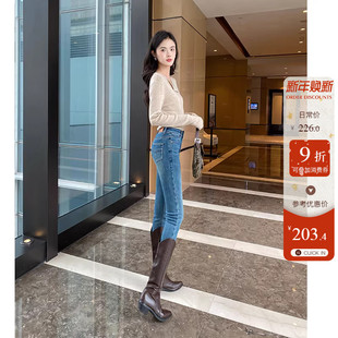 女紧身显瘦薄绒九分高腰铅笔裤 加绒小脚牛仔裤 蓝色靴裤 提臀显瘦