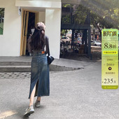水洗做旧感包臀显瘦中长牛仔裙 新款 美式 复古后开叉半身裙子秋季
