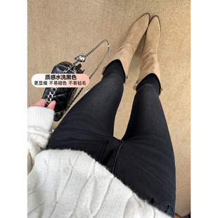 加绒保暖中高腰小脚牛仔裤女冬季水洗黑色紧身显瘦弹力九分靴裤子