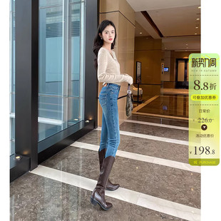 女紧身显瘦薄绒九分高腰铅笔裤 加绒小脚牛仔裤 蓝色靴裤 提臀显瘦