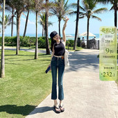 显瘦蓝色八分喇叭裤 小个子两粒扣高腰微喇牛仔裤 修身 新款 子 女春季