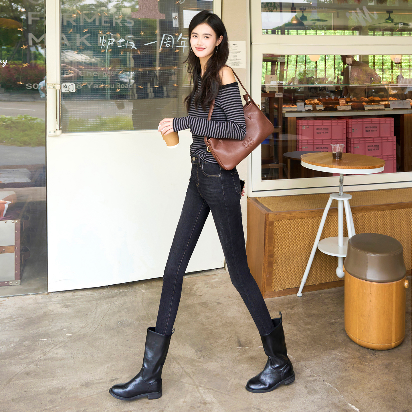 黑灰色高腰紧身牛仔裤女秋季新款修身显瘦高弹力九分提臀小脚靴裤