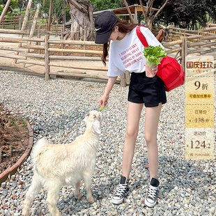 百搭寬松闊腿側開叉熱褲 潮 女夏季 辣妹小蠻腰高腰收腹黑色牛仔短褲