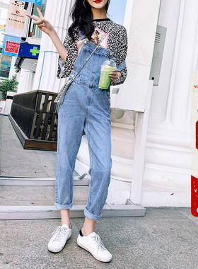 显瘦减龄 背带牛仔裤宽松2026春季新款高腰连体九分裤限