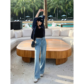 女蓝色遮肉显瘦提臀宽松直筒长裤 高腰阔腿牛仔裤 子 窄版 2026年新款