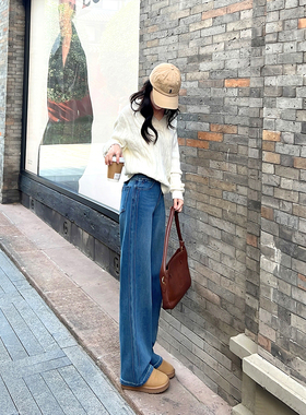 垂顺大长腿~高腰阔腿牛仔裤女春季新款蓝色宽松遮肉拼接宽松长裤