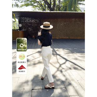 米白色遮肉显瘦九分烟管裤 女春季 高定莱赛尔侧拼接高腰直筒牛仔裤