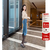 提臀显瘦 女紧身显瘦薄绒九分高腰铅笔裤 蓝色靴裤 加绒小脚牛仔裤