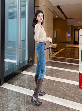 提臀显瘦~蓝色靴裤加绒小脚牛仔裤女紧身显瘦薄绒九分高腰铅笔裤